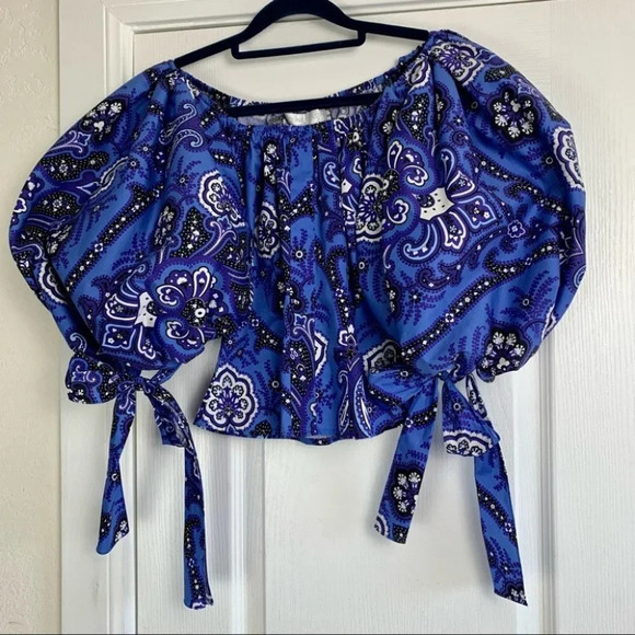 NWT Caroline Constas Nella Paisley Floral Off the Shoulder Puff Sleeve Top Blue - Picture 4 of 10